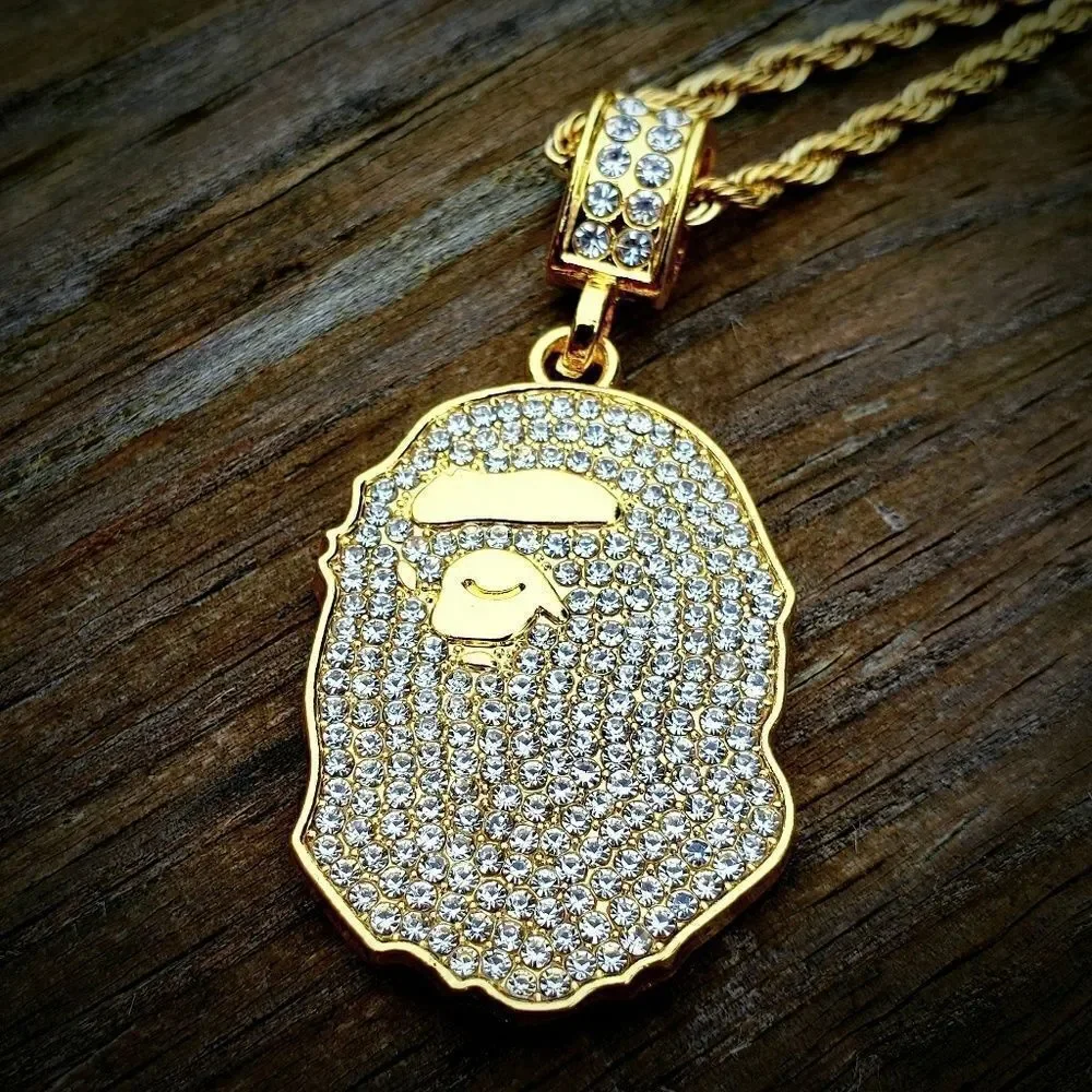 14k GP Iced Out Stainless Steel ape Necklace